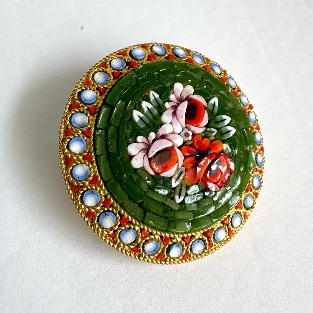 Vintage Micro Mosaic Brooch Green Rose Pin Signed Italy Italian Florentine - Picture 4 of 10